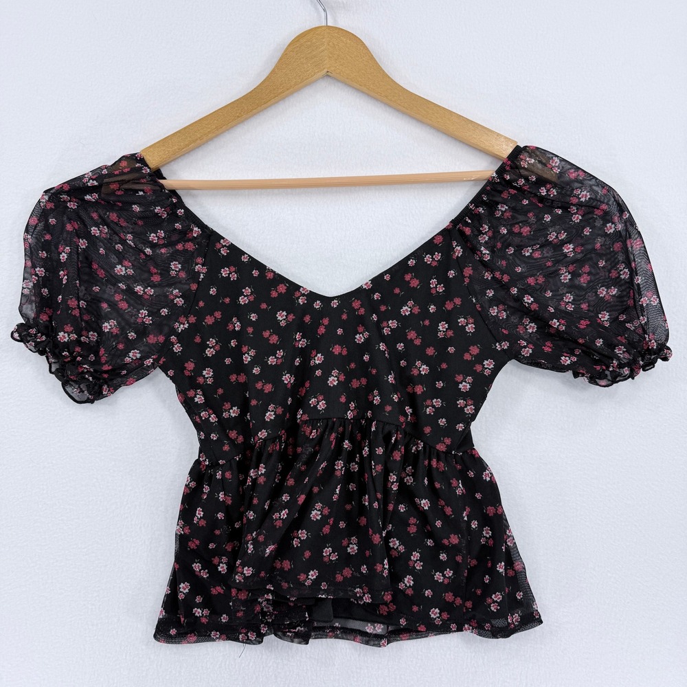 Dee Elly Floral Mesh Peplum‎ Top Women XS Black Romantic Boho Blouse
